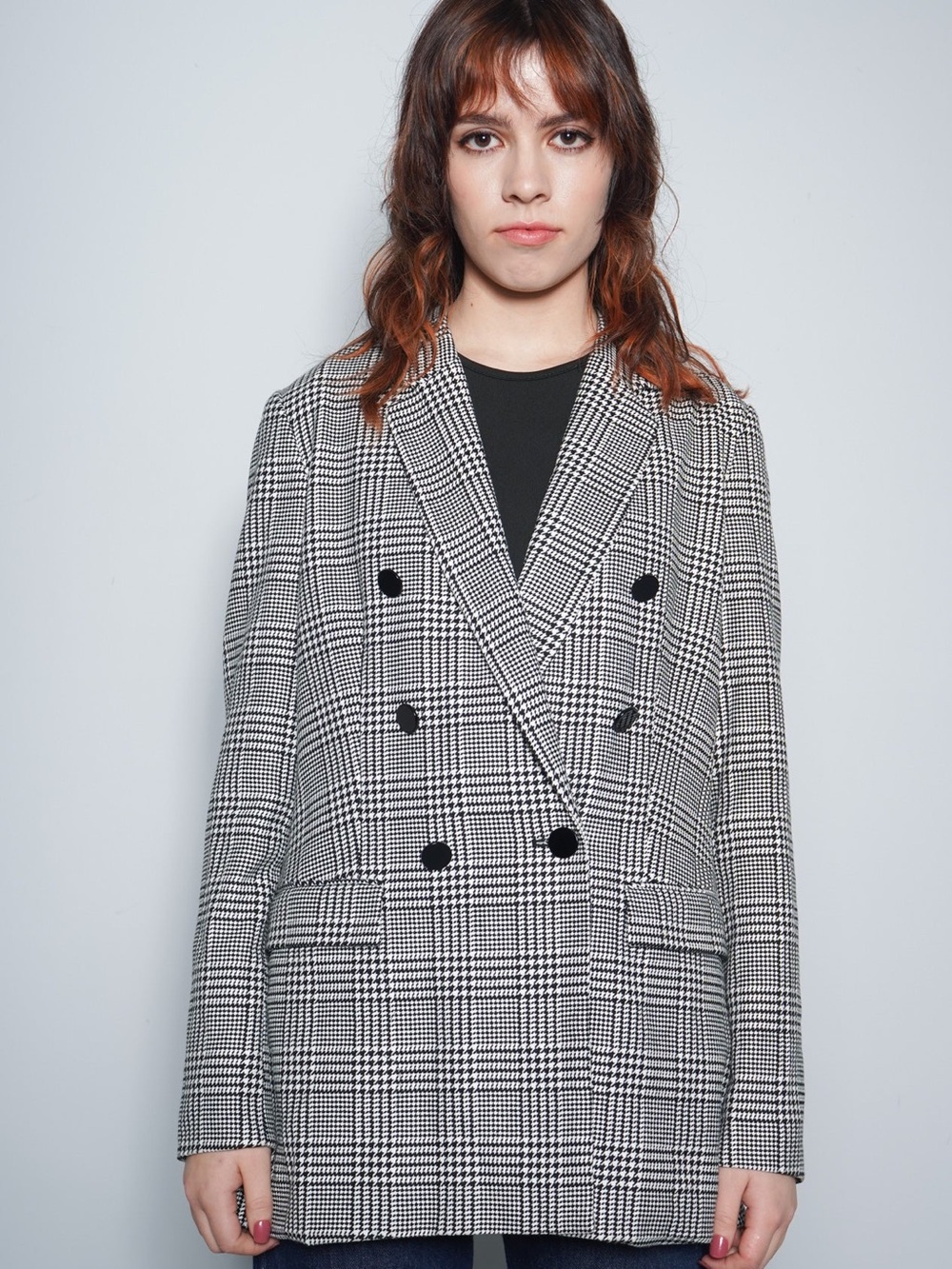 Tahari Black & White Glen Plaid Double-Breasted Career Blazer